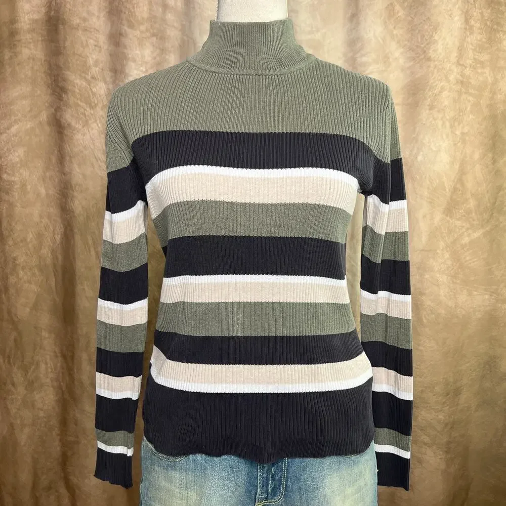 Y2K Striped Ribbed Sweater High Neck Long Sleeve Green Black Tan Skater Grunge - Picture 8 of 8